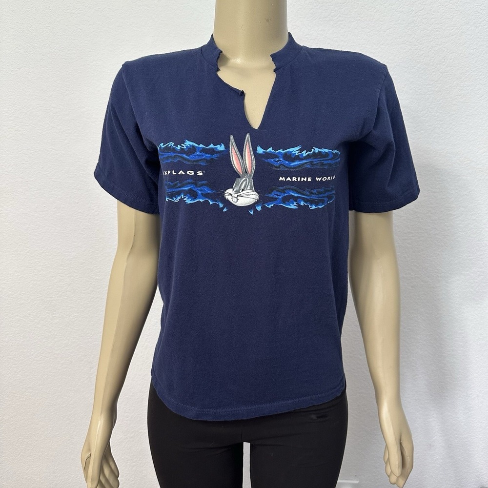 Vintage‎ 2002 Six Flags Marine World Bugs Bunny Graphic T Shirt Blue Womens S XS